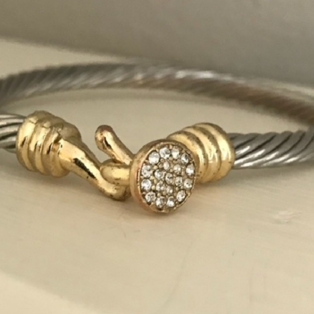 Silver Gold Cable w Simulated Diamonds Bracelet